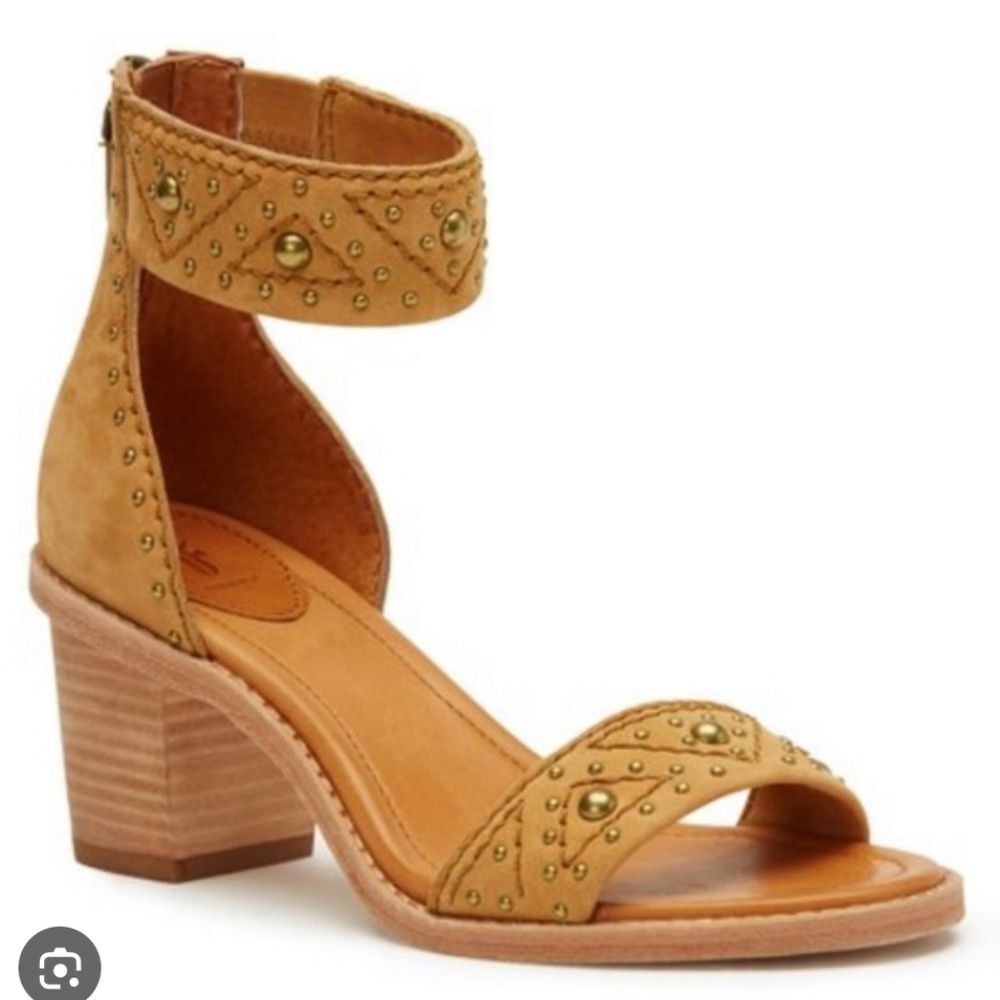 Frye Studded Ankle Strap Block Heel Sandals | Tan Leather | Women's Size 9